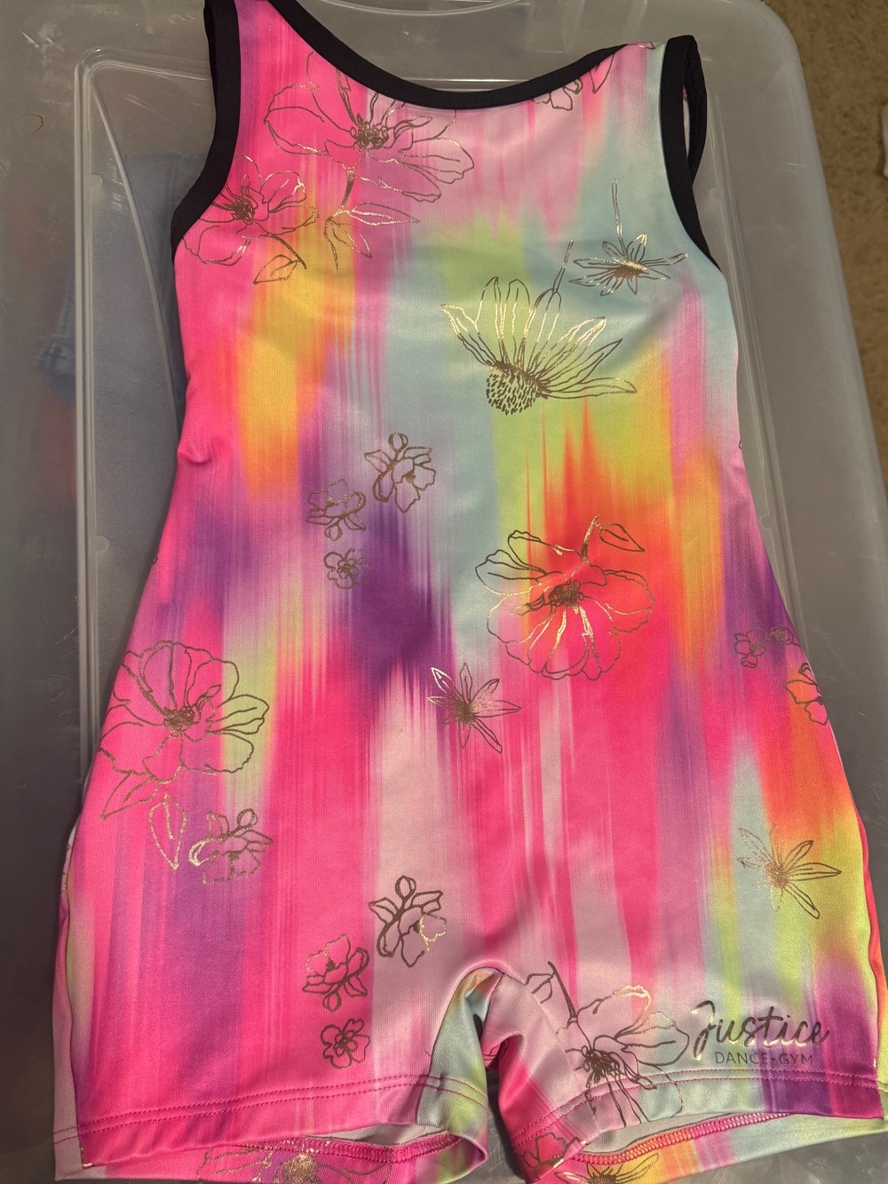 Justice Rainbow Striped Dance Leotard with Purple Accents